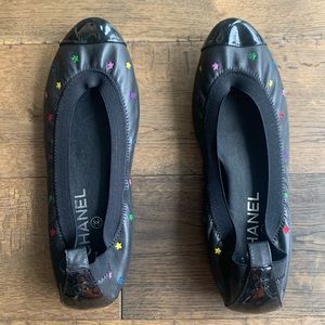 Chanel Black Leather Multicolor Star Ballet Flats
